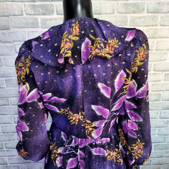 Vintage 70s Vera‎ Mont Paris Purple Floral Print Maxi Dress Ruffle Collar L/S - Picture 9 of 14